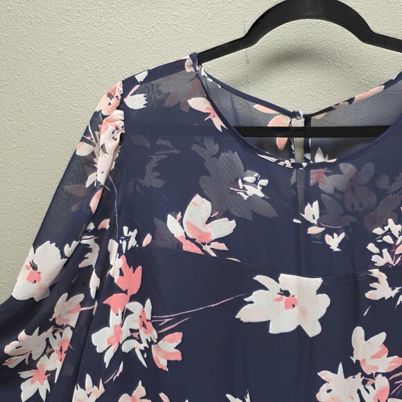 Eliza J Dress Womens 18W Navy Blue Floral Chiffon Long Sleeve Ruffle Hem Shift - Picture 2 of 16